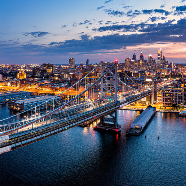 Aerial panorama with Ben Franklin Bridge and Philadelphia skyline