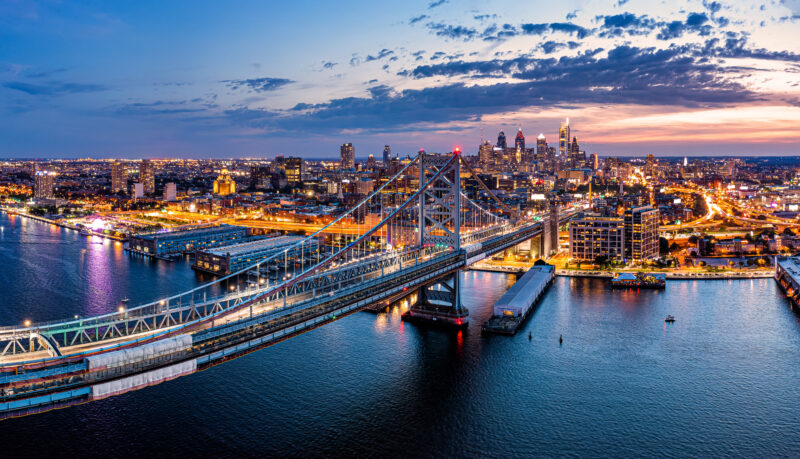 Aerial panorama with Ben Franklin Bridge and Philadelphia skyline